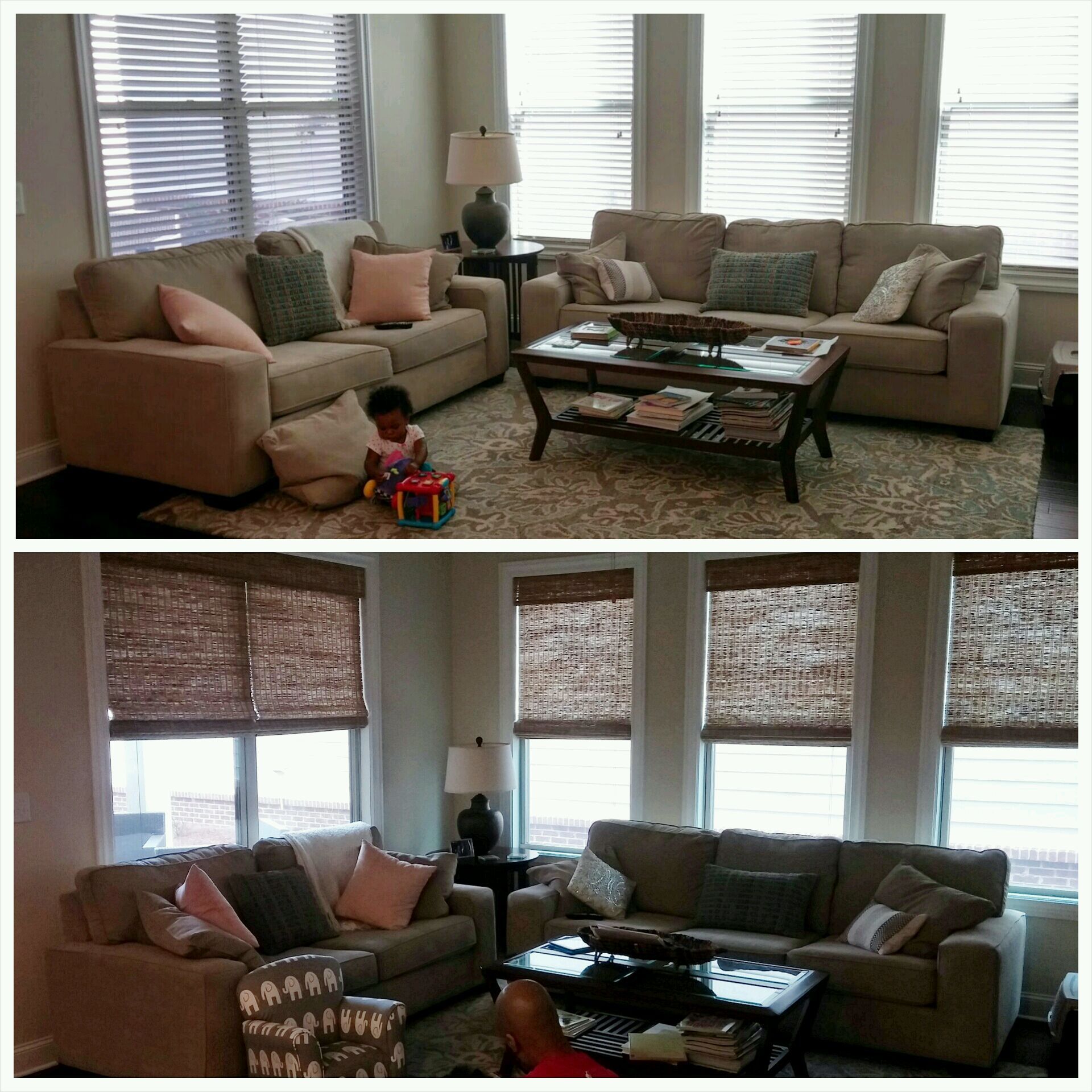 Before and after Blinds to Woven Wood Bamboo Shades
